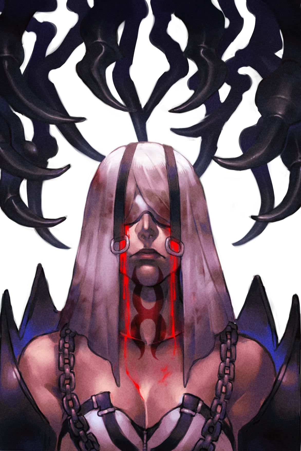 A veiled figure crowned with black horns, weeping red